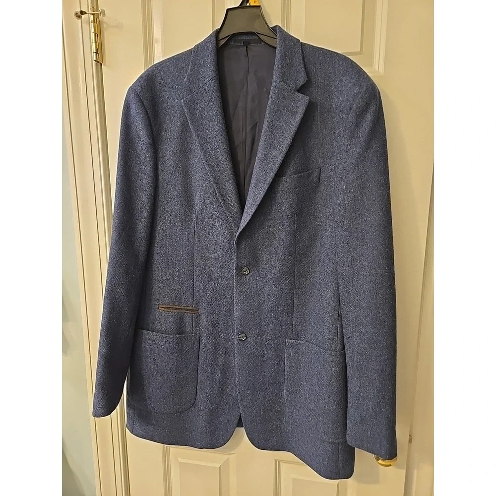 Paul Fredrick Wool Blazer Blue Elbow Patch Size 44‎ XL Single Breasted Academia